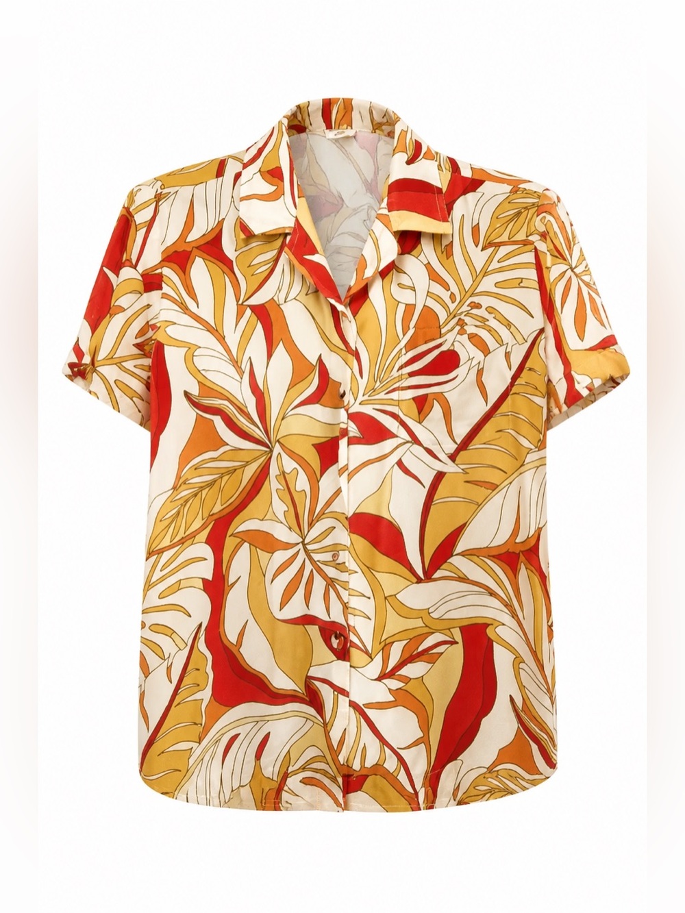 Go Barefoot Woman’s Tropical Leaf Print Shirt in Cream, Mustard & Red. Sz M